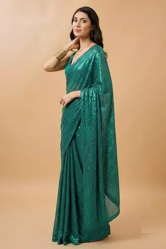 Embellished sequinned  heavy work georgette saree with unstitched blouse