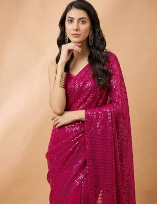 Embellished sequinned  heavy work georgette saree with unstitched blouse 3