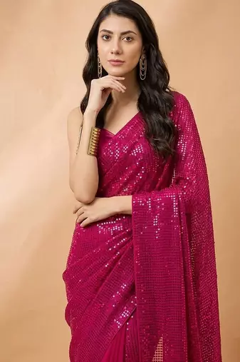 Embellished sequinned  heavy work georgette saree with unstitched blouse