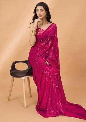 Embellished sequinned  heavy work georgette saree with unstitched blouse 4