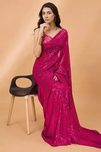 Embellished sequinned  heavy work georgette saree with unstitched blouse