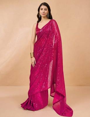 Embellished sequinned  heavy work georgette saree with unstitched blouse 5