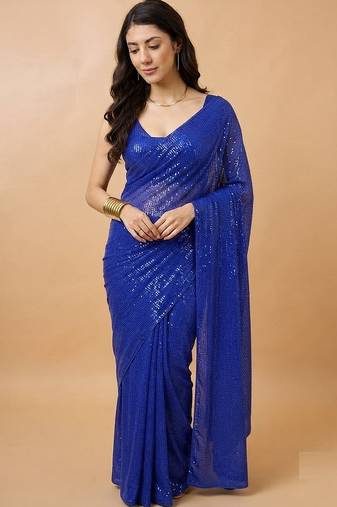 Embellished sequinned  heavy work georgette saree with unstitched blouse