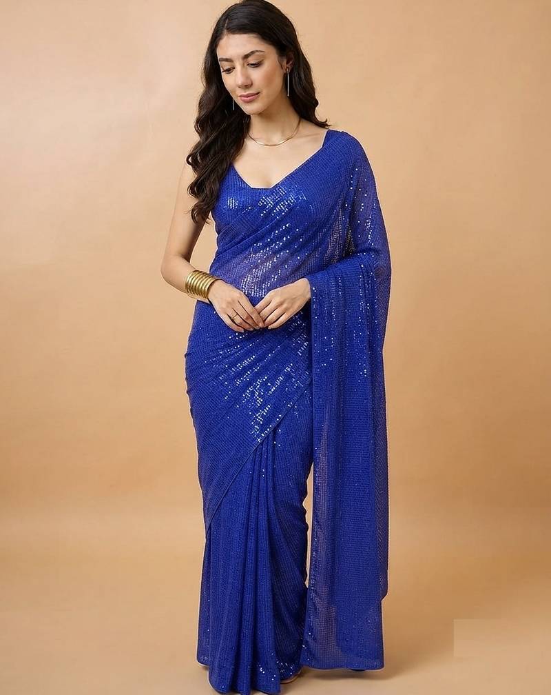 Embellished sequinned  heavy work georgette saree with unstitched blouse