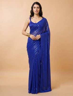 Embellished sequinned  heavy work georgette saree with unstitched blouse 2