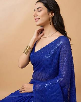 Embellished sequinned  heavy work georgette saree with unstitched blouse 3