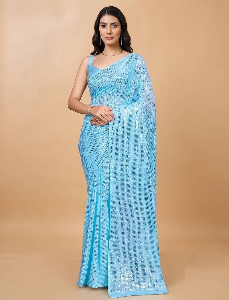 Embellished sequinned  heavy work georgette saree with unstitched blouse