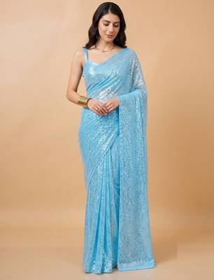 Embellished sequinned  heavy work georgette saree with unstitched blouse 3