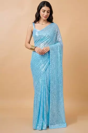 Embellished sequinned  heavy work georgette saree with unstitched blouse