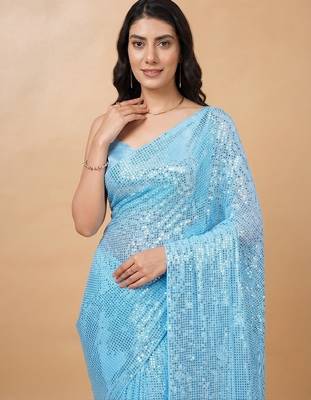 Embellished sequinned  heavy work georgette saree with unstitched blouse 4