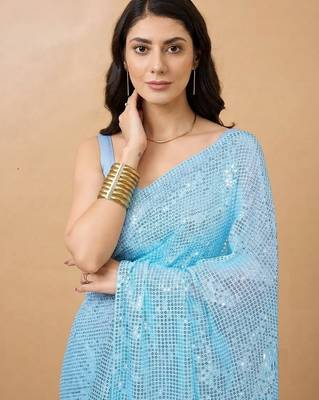 Embellished sequinned  heavy work georgette saree with unstitched blouse 5