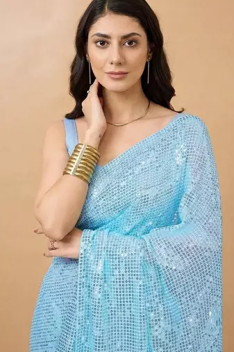 Embellished sequinned  heavy work georgette saree with unstitched blouse