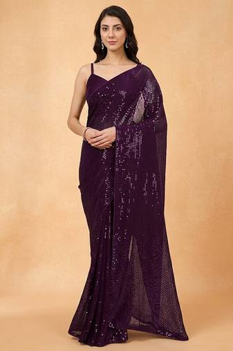 Embellished sequinned  heavy work georgette saree with unstitched blouse