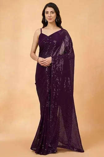 Embellished sequinned  heavy work georgette saree with unstitched blouse