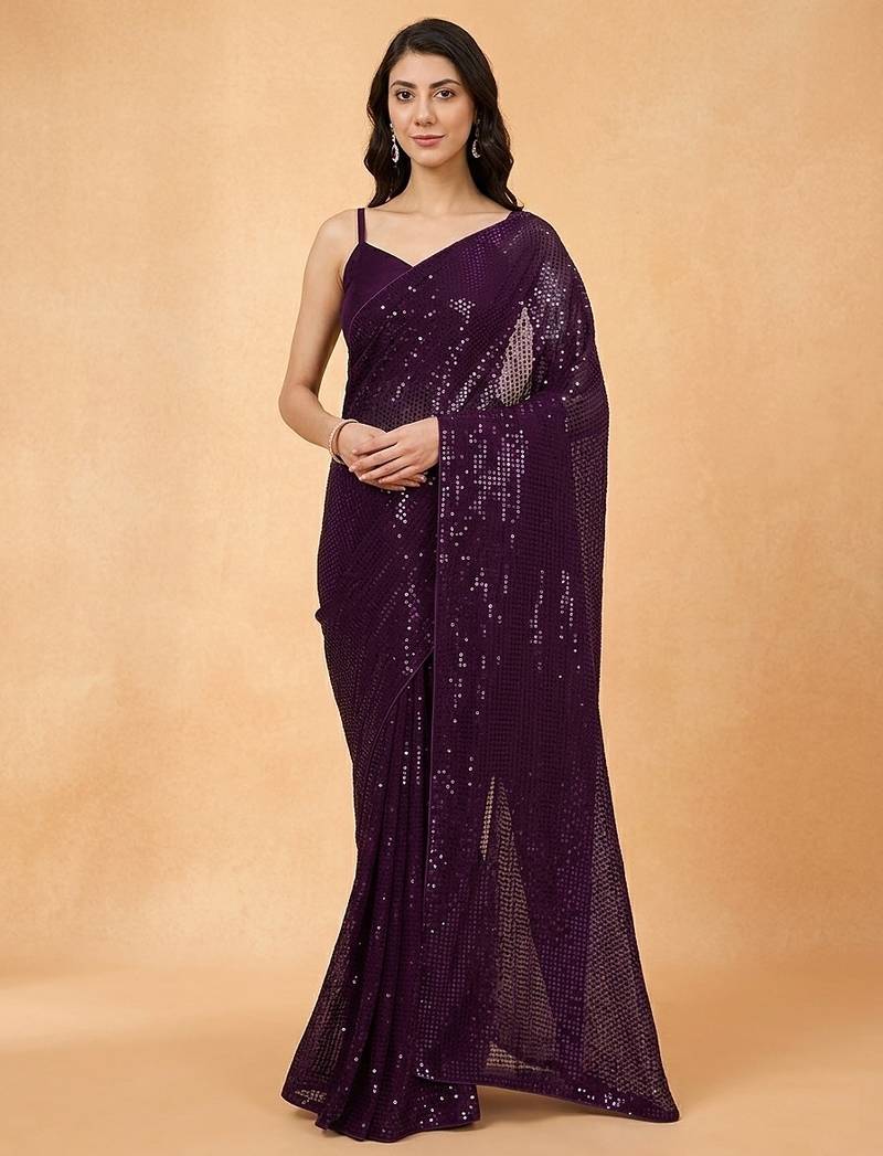 Embellished sequinned  heavy work georgette saree with unstitched blouse