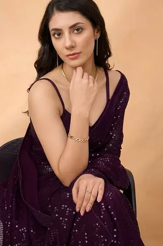 Embellished sequinned  heavy work georgette saree with unstitched blouse