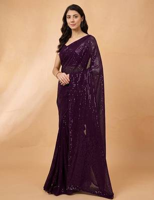 Embellished sequinned  heavy work georgette saree with unstitched blouse 3