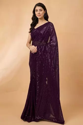 Embellished sequinned  heavy work georgette saree with unstitched blouse