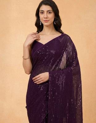Embellished sequinned  heavy work georgette saree with unstitched blouse 4