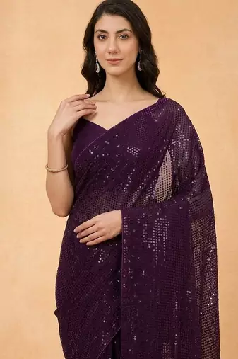 Embellished sequinned  heavy work georgette saree with unstitched blouse