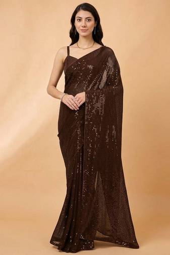 Embellished sequinned  heavy work georgette saree with unstitched blouse