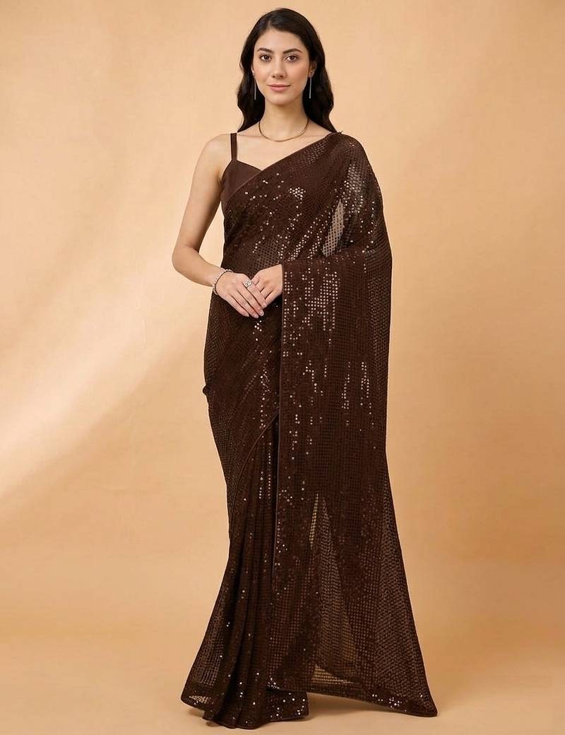 Embellished sequinned  heavy work georgette saree with unstitched blouse