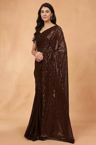Embellished sequinned  heavy work georgette saree with unstitched blouse