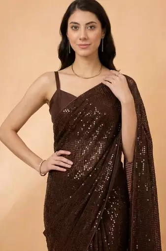 Embellished sequinned  heavy work georgette saree with unstitched blouse