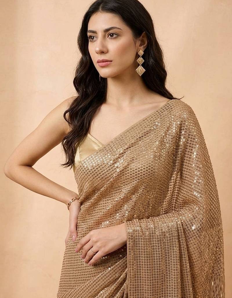 Embellished sequinned  heavy work georgette saree with unstitched blouse