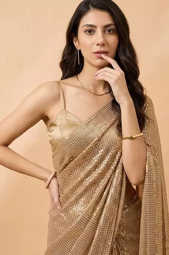 Embellished sequinned  heavy work georgette saree with unstitched blouse