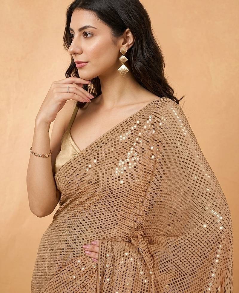 Embellished sequinned  heavy work georgette saree with unstitched blouse
