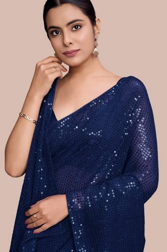 Embellished sequinned  heavy work georgette saree with unstitched blouse