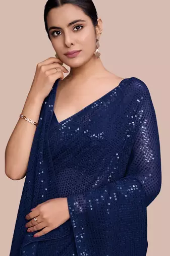 Embellished sequinned  heavy work georgette saree with unstitched blouse