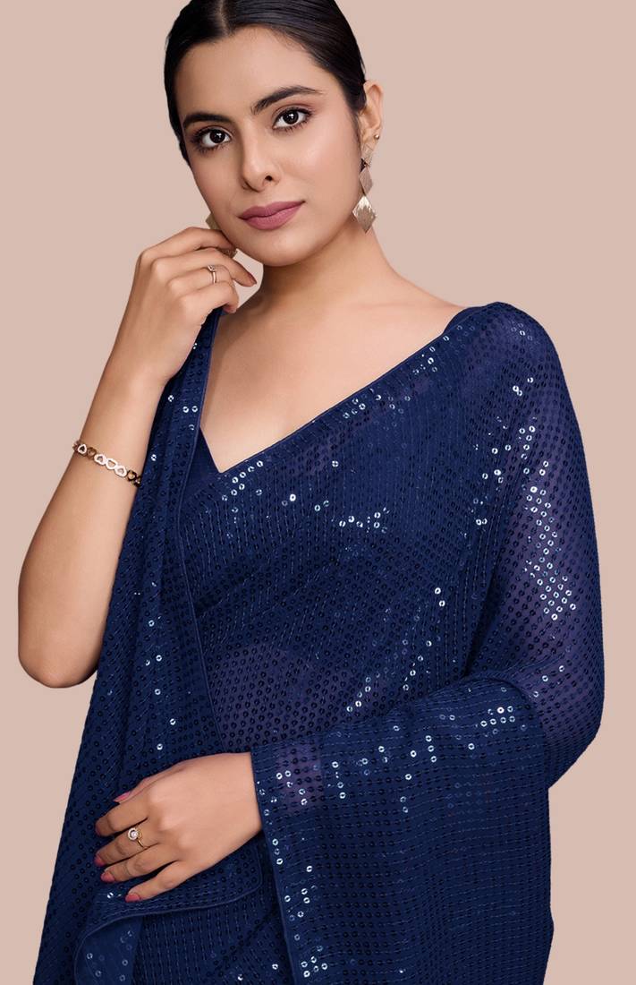 Embellished sequinned  heavy work georgette saree with unstitched blouse