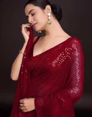 Embellished sequinned  heavy work georgette saree with unstitched blouse 5