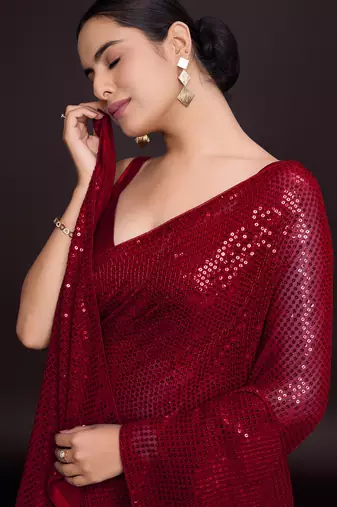 Embellished sequinned  heavy work georgette saree with unstitched blouse