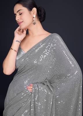 Embellished sequinned  heavy work georgette saree with unstitched blouse 4