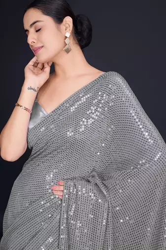 Embellished sequinned  heavy work georgette saree with unstitched blouse