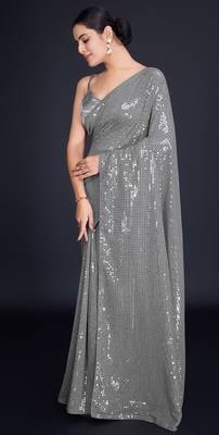 Embellished sequinned  heavy work georgette saree with unstitched blouse 5