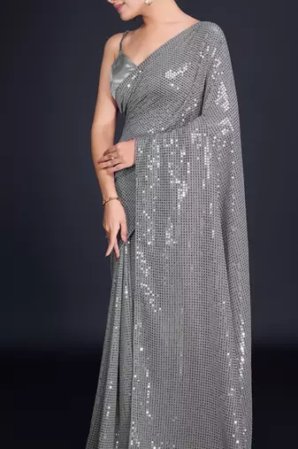 Embellished sequinned  heavy work georgette saree with unstitched blouse