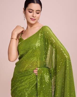 Embellished sequinned  heavy work georgette saree with unstitched blouse 4