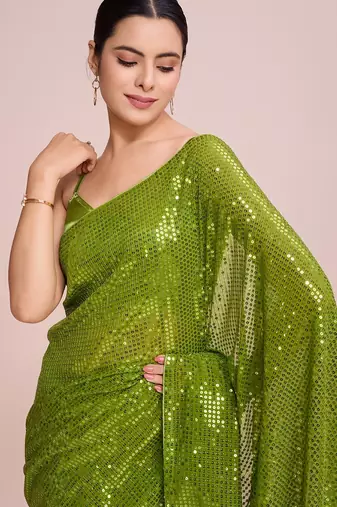 Embellished sequinned  heavy work georgette saree with unstitched blouse