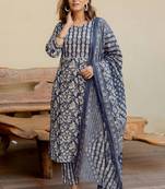 Mirchi Fashion Women's Blue Floral Print Pure Cotton Kurti With Pant & Dupatta Set