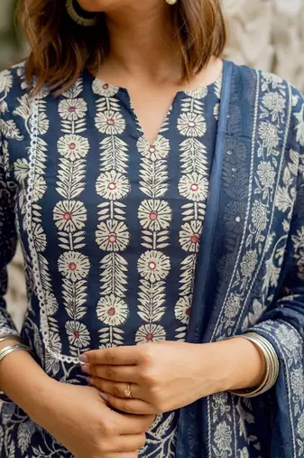 Mirchi Fashion Women's Blue Floral Print Pure Cotton Kurti With Pant & Dupatta Set
