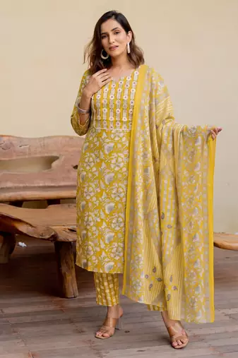 Mirchi Fashion Women's Mustard Floral Print Pure Cotton Kurti With Pant & Dupatta Set