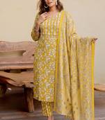 Mirchi Fashion Women's Mustard Floral Print Pure Cotton Kurti With Pant & Dupatta Set