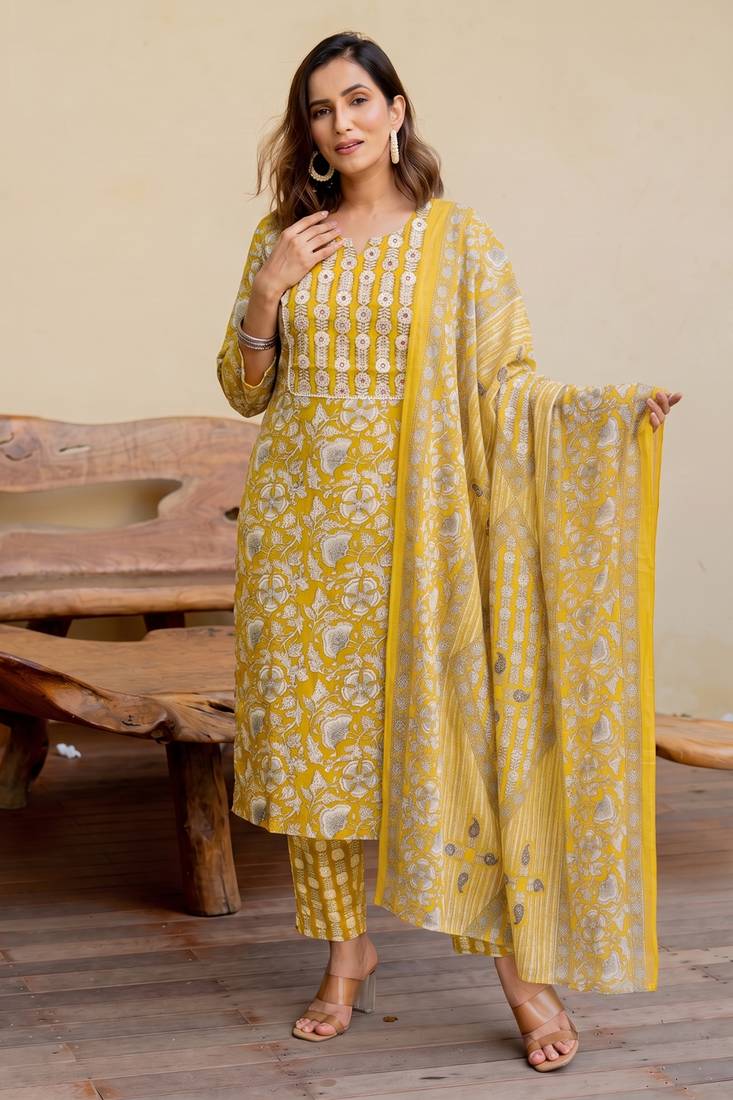 Mirchi Fashion Women's Mustard Floral Print Pure Cotton Kurti With Pant & Dupatta Set