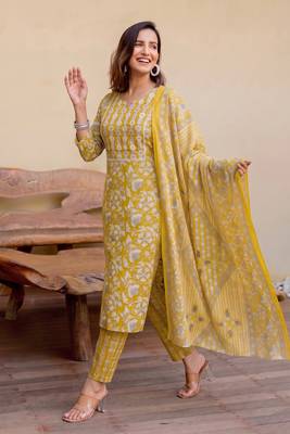 Mirchi Fashion Women's Mustard Floral Print Pure Cotton Kurti With Pant & Dupatta Set 3