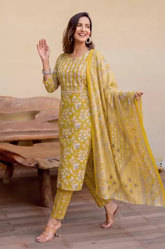 Mirchi Fashion Women's Mustard Floral Print Pure Cotton Kurti With Pant & Dupatta Set