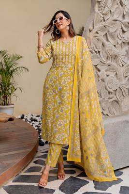 Mirchi Fashion Women's Mustard Floral Print Pure Cotton Kurti With Pant & Dupatta Set 4